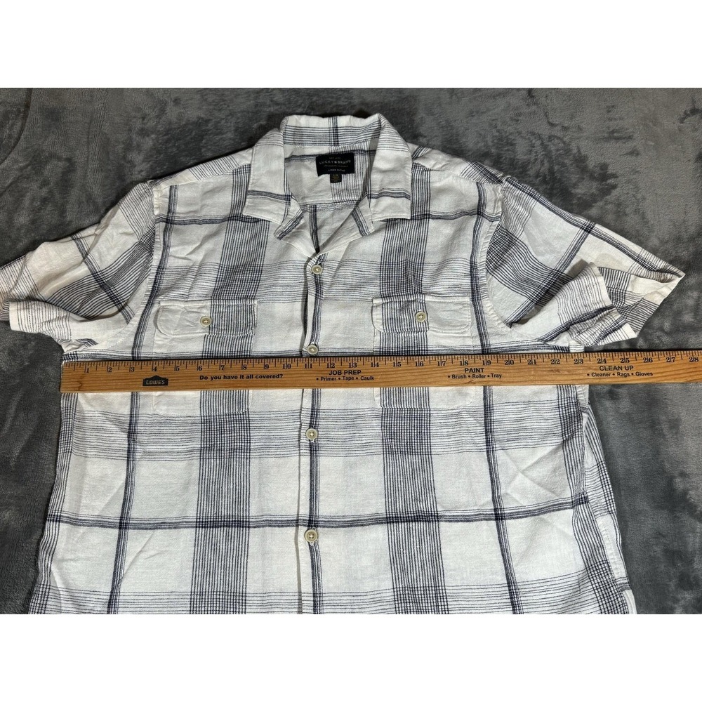 Lucky Brand Shirt Mens Large White Short Sleeve Button Up Linen Blend Plaid - Picture 9 of 13